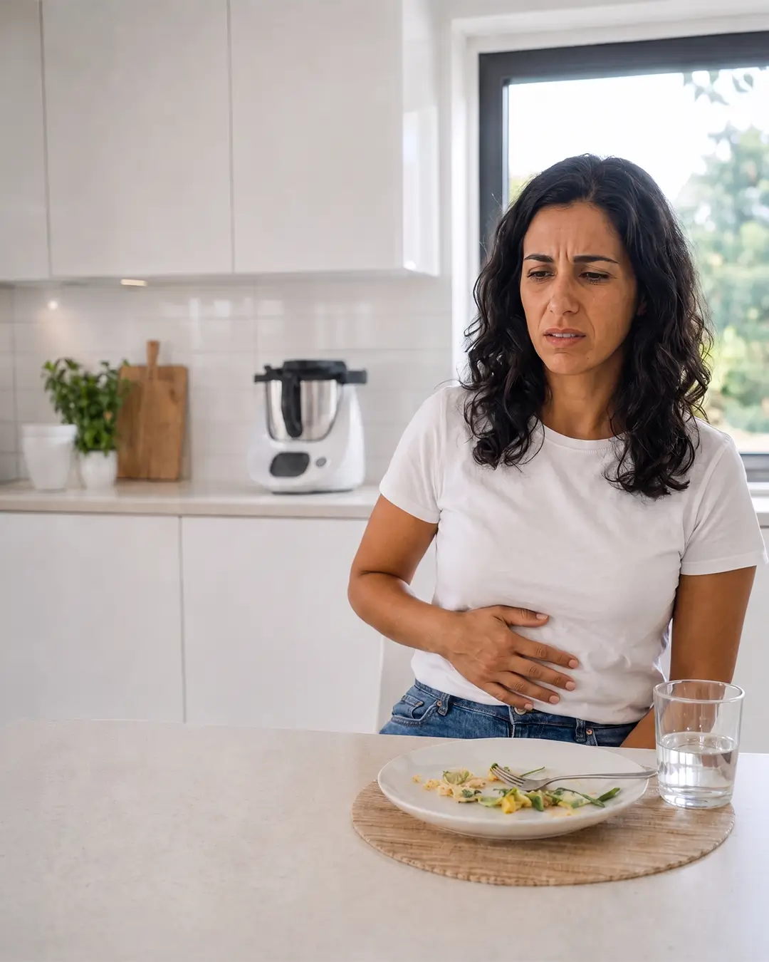 Pessoa com a barriga inchada e apertada ao fim do dia