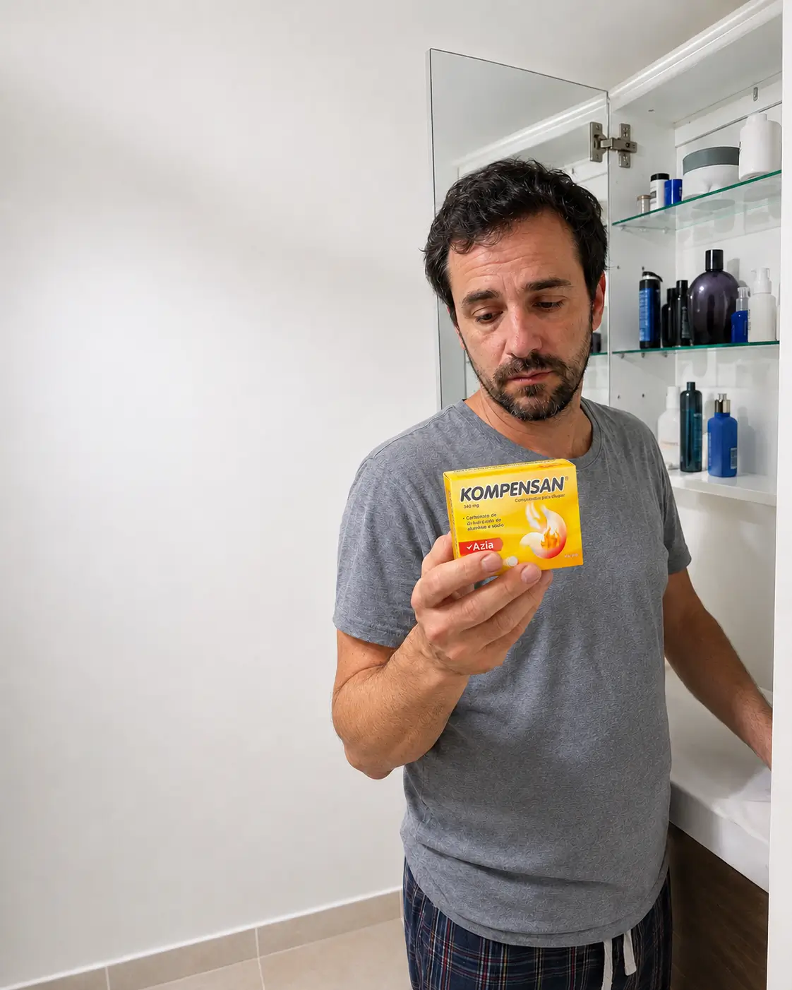 Pessoa a repor os mesmos remédios digestivos na farmácia